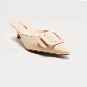 NIB-Suede Fashion Nova Beige Mules with Buckle Detail